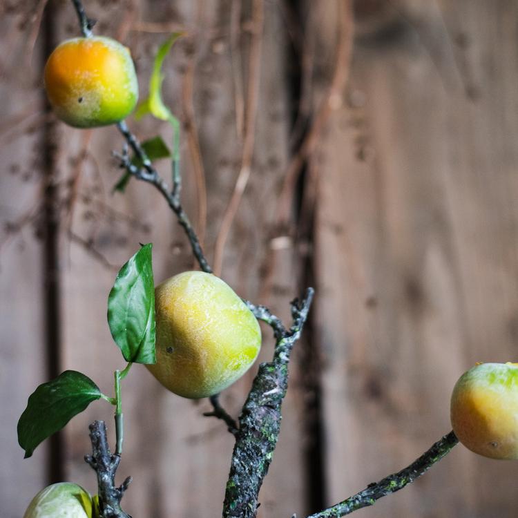 A tall artificial green persimmon fruit stem with four realistic fruits, showcasing vibrant green and yellow colors, perfect for home decor.