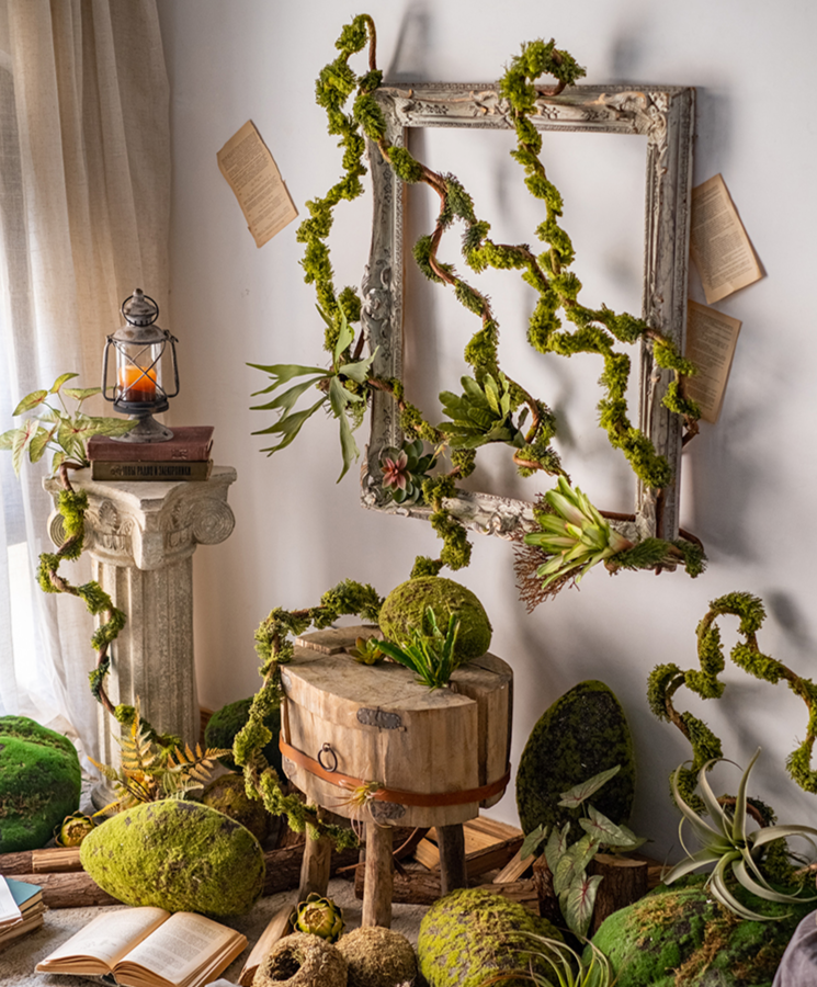 Artificial Moss Rattan Vine in green and brown, showcasing its realistic faux moss and rattan design, perfect for home decor.