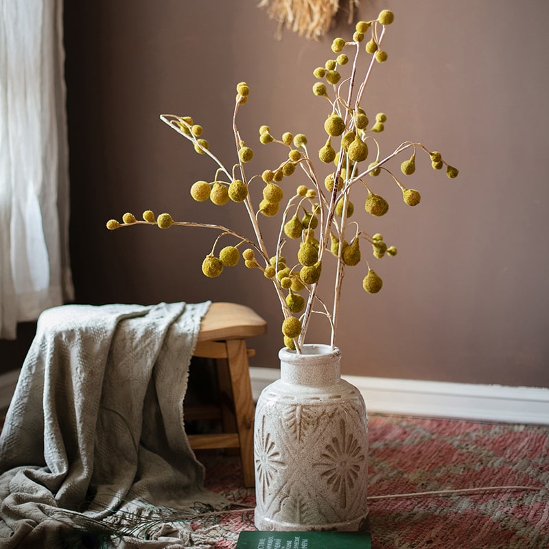 A tall 48-inch artificial Plane Tree fruit stem with vibrant yellow color, showcasing realistic fruit details and lush foliage.