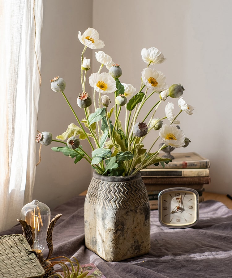 A 23.6-inch tall artificial poppy fruit stem with vibrant frosted green, purple, and yellow colors, featuring four realistic fruits on a sturdy stem.