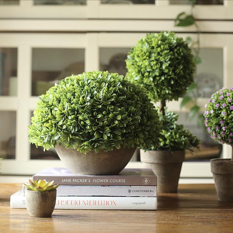 Artificial Potted Boxwood Faux Topiary in a decorative pot, showcasing vibrant green leaves and a realistic design.