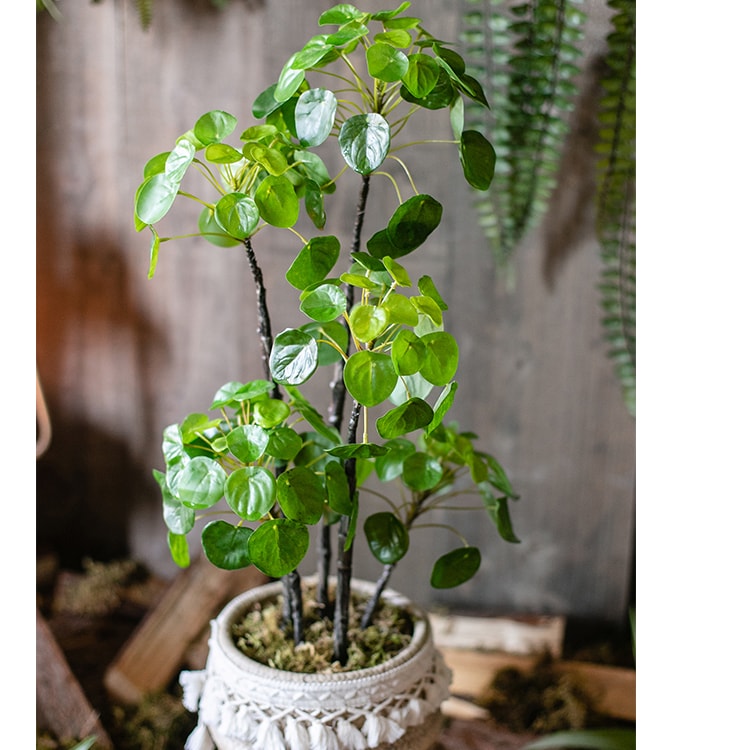 A 26-inch tall artificial potted Pilea plant with lush green leaves in a black pot, perfect for home or office decor.