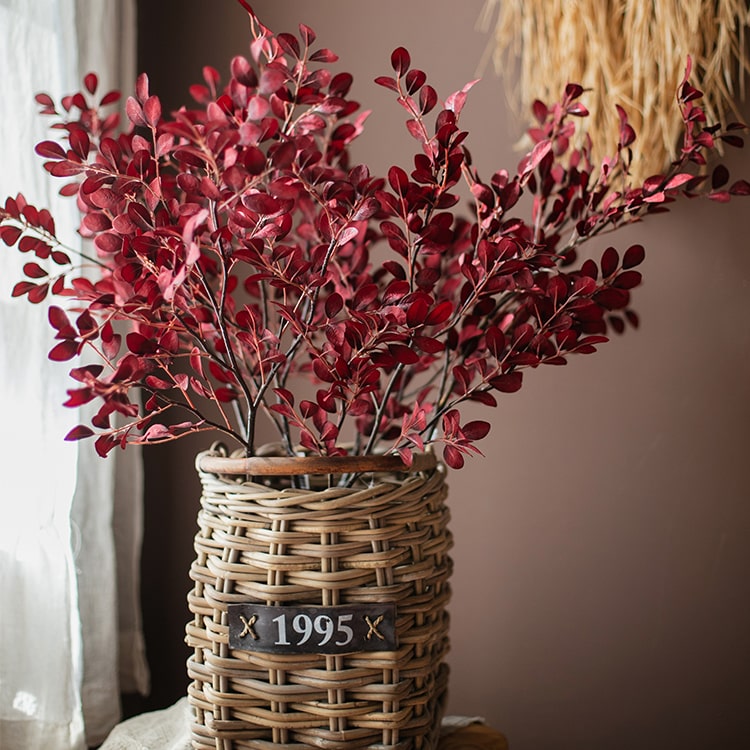 42-inch tall Artificial Red Tzu Tan Leaf Stem with vibrant red leaves and sturdy stem, perfect for home or office decor.