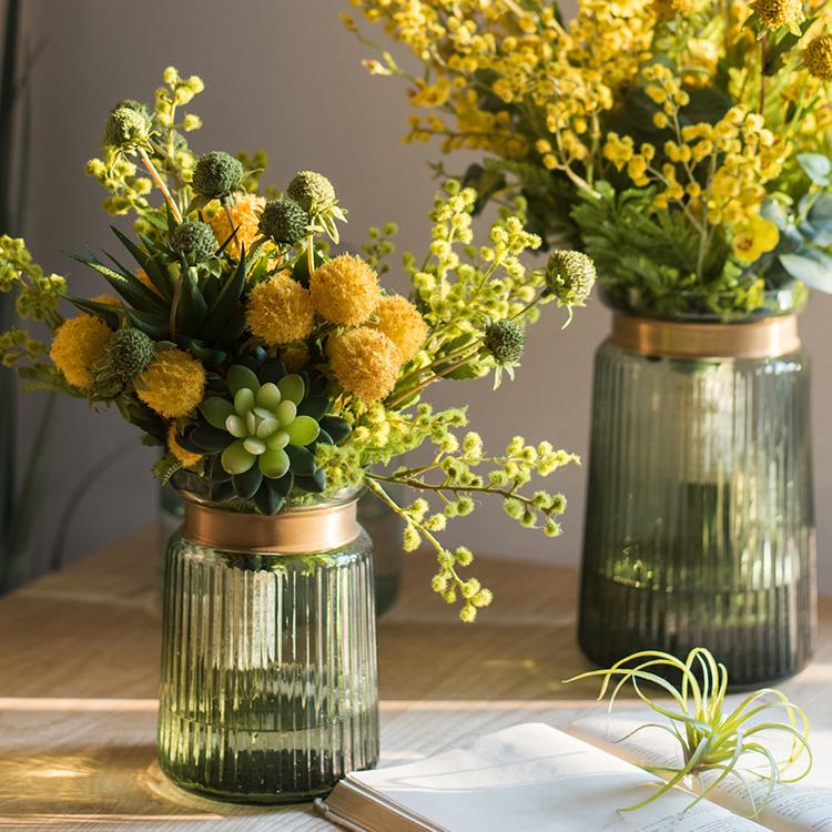 A vibrant 13-inch tall artificial silk flower bouquet featuring yellow dahlias and lush green leaves, perfect for spring decor.