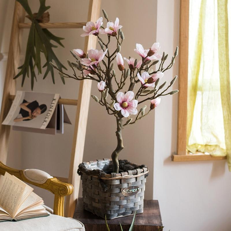 Artificial Silk Pink Magnolia Tree in Pot, showcasing vibrant pink flowers and lush green leaves in a decorative pot.