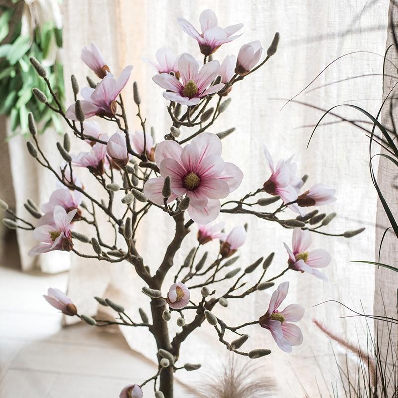 Artificial Silk Pink Magnolia Tree in Pot, showcasing vibrant pink flowers and lush green leaves in a decorative pot.