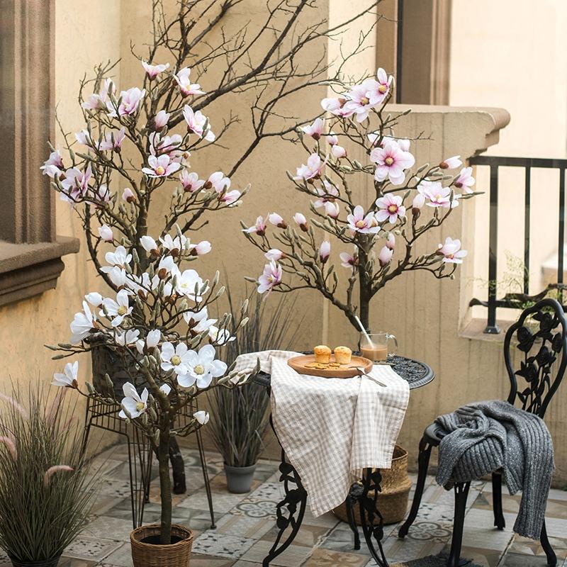 Artificial Silk Pink Magnolia Tree in Pot, showcasing vibrant pink flowers and lush green leaves in a decorative pot.