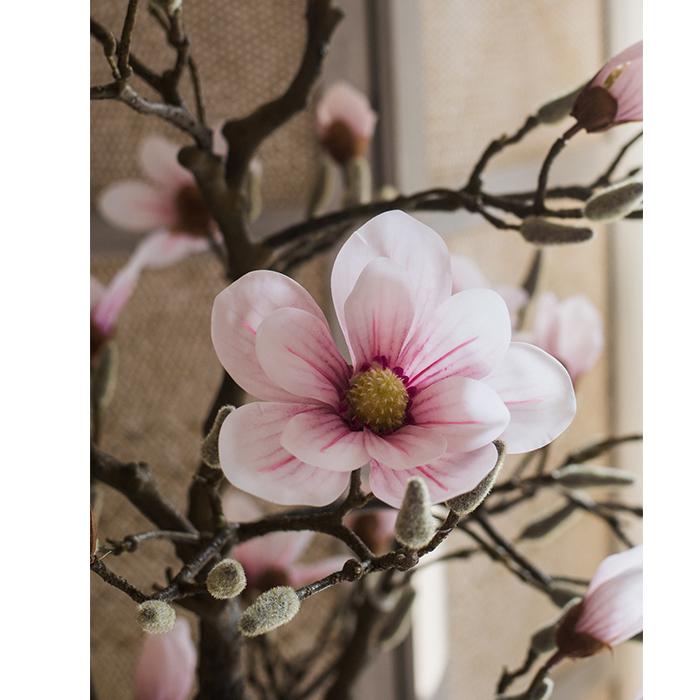 Artificial Silk Pink Magnolia Tree in Pot, showcasing vibrant pink flowers and lush green leaves in a decorative pot.