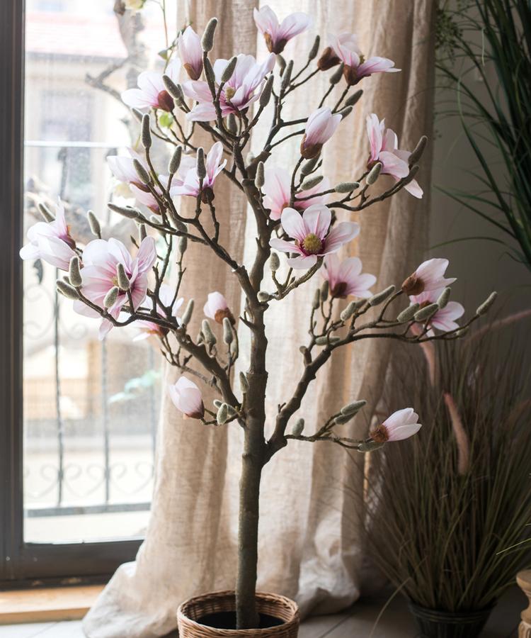 Artificial Silk Pink Magnolia Tree in Pot, showcasing vibrant pink flowers and lush green leaves in a decorative pot.