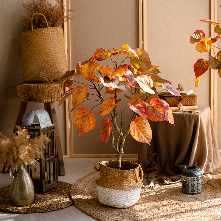 Artificial Silk Red Leaf Banyan Tree in a black pot, showcasing vibrant red leaves and a realistic design, perfect for indoor decoration.