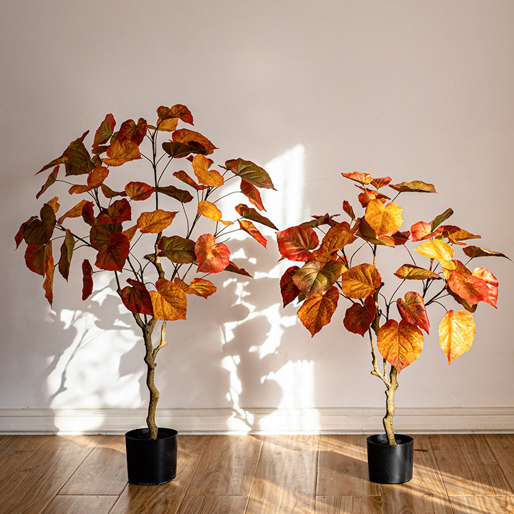 Artificial Silk Red Leaf Banyan Tree in a black pot, showcasing vibrant red leaves and a realistic design, perfect for indoor decoration.