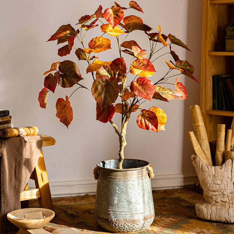 Artificial Silk Red Leaf Banyan Tree in a black pot, showcasing vibrant red leaves and a realistic design, perfect for indoor decoration.