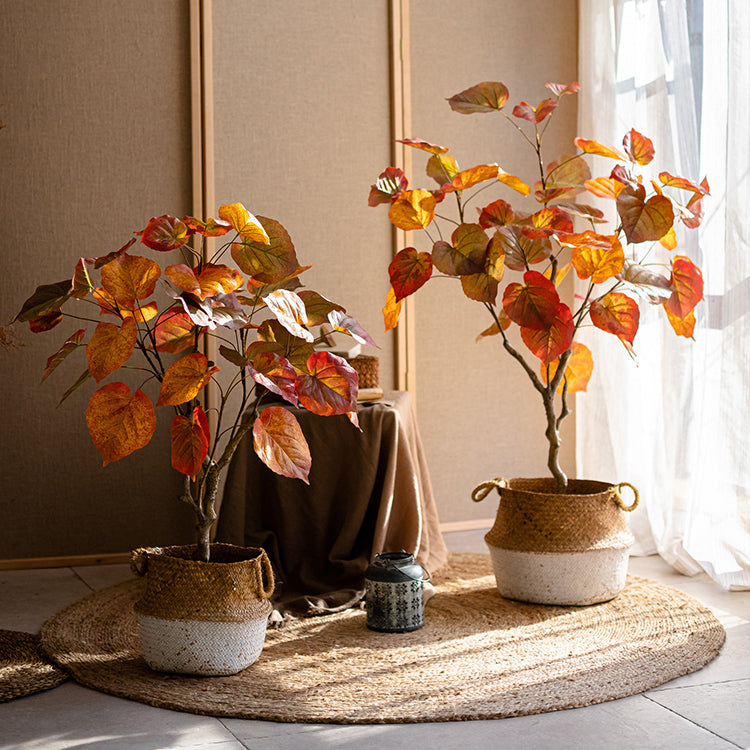 Artificial Silk Red Leaf Banyan Tree in a black pot, showcasing vibrant red leaves and a realistic design, perfect for indoor decoration.