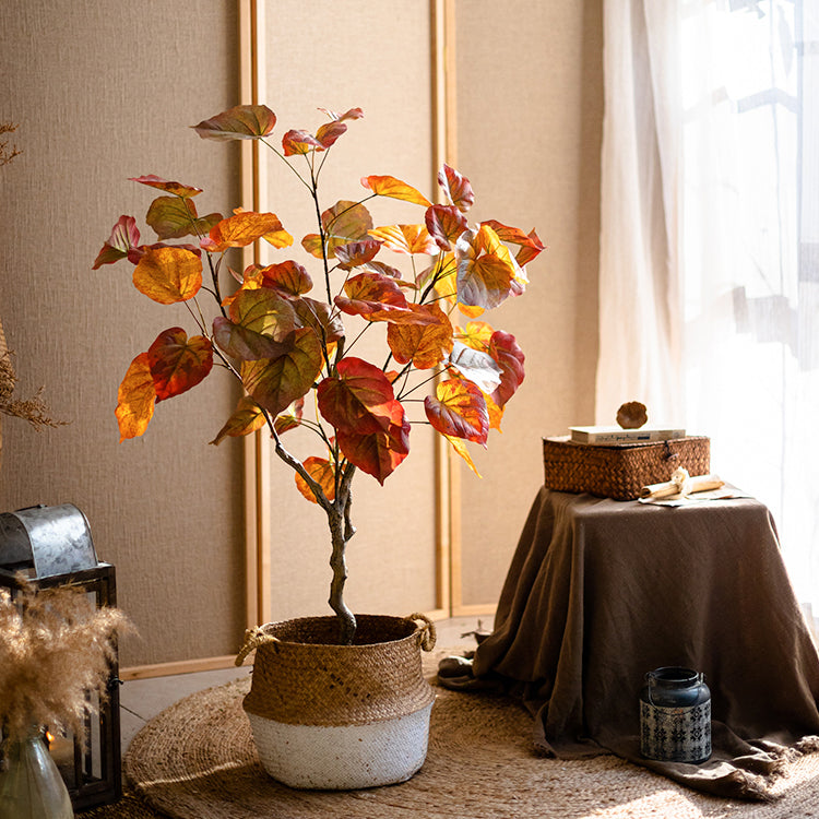 Artificial Silk Red Leaf Banyan Tree in a black pot, showcasing vibrant red leaves and a realistic design, perfect for indoor decoration.