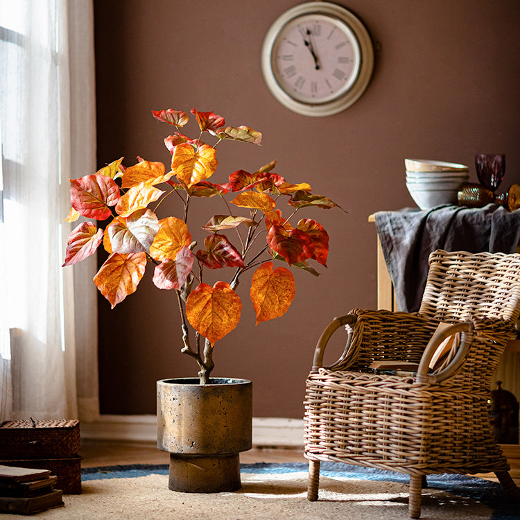 Artificial Silk Red Leaf Banyan Tree in a black pot, showcasing vibrant red leaves and a realistic design, perfect for indoor decoration.