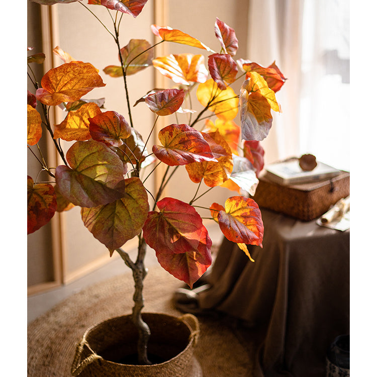 Artificial Silk Red Leaf Banyan Tree in a black pot, showcasing vibrant red leaves and a realistic design, perfect for indoor decoration.