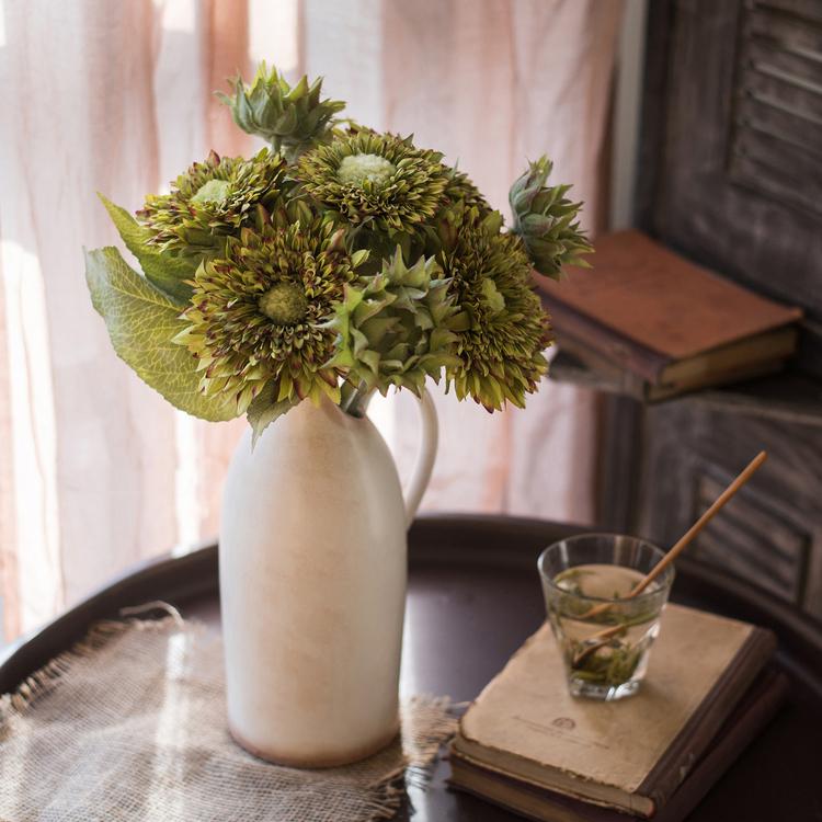 A vibrant artificial sunflower bouquet featuring five flower stems and three bud stems in green and orange colors, standing 18 inches tall.