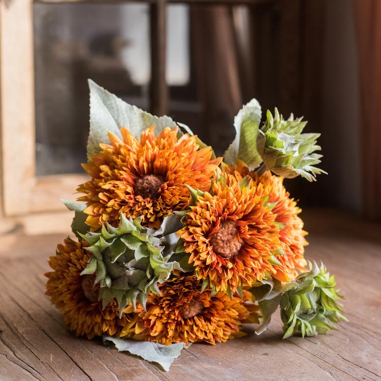 A vibrant artificial sunflower bouquet featuring five flower stems and three bud stems in green and orange colors, standing 18 inches tall.