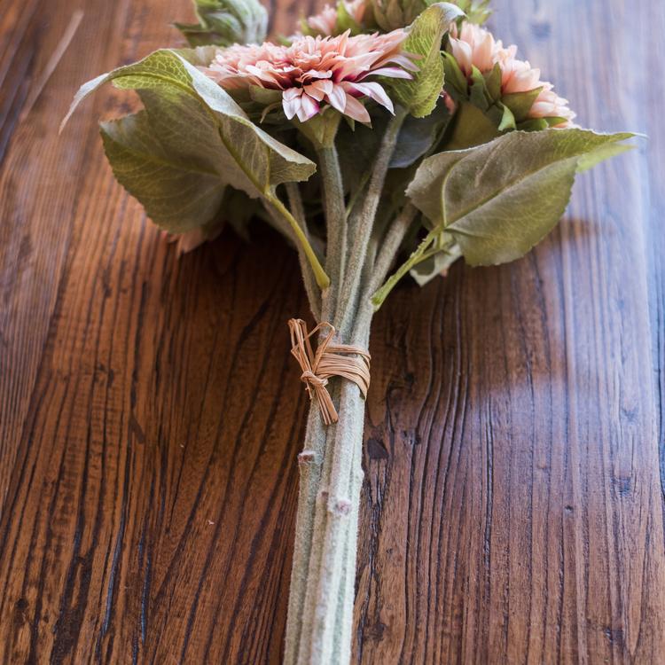 A vibrant 18-inch tall artificial sunflower bouquet in pink, featuring five flower stems and three bud stems, showcasing realistic details and colors.