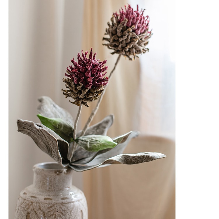 Artificial Tall Stem Flower Mulan Thistle, 43 inches tall with pink and green blooms, perfect for home decor.