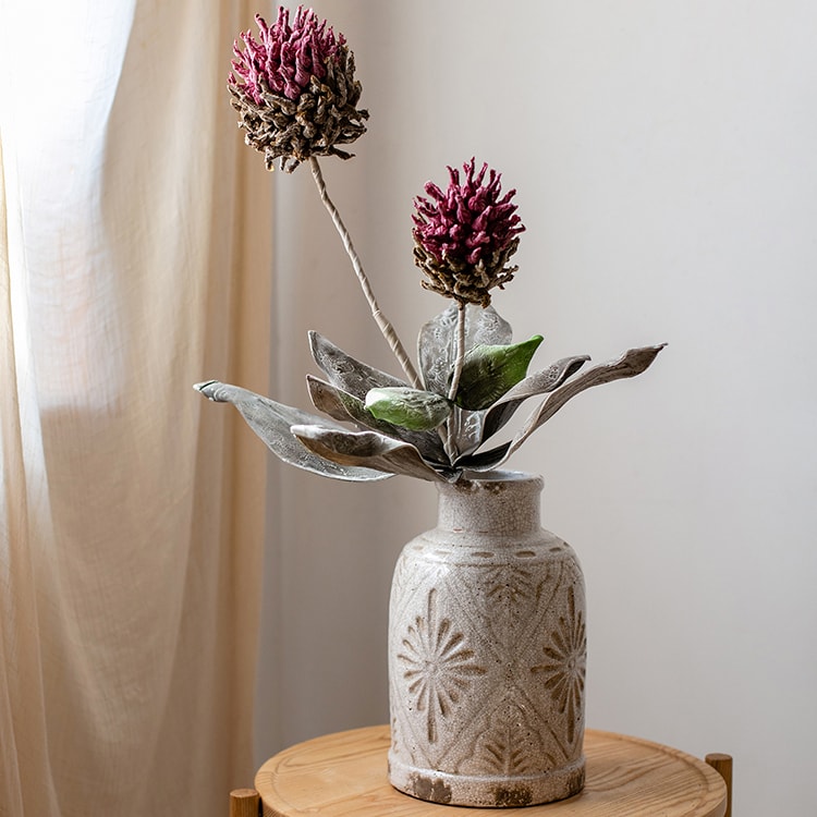 Artificial Tall Stem Flower Mulan Thistle, 43 inches tall with pink and green blooms, perfect for home decor.