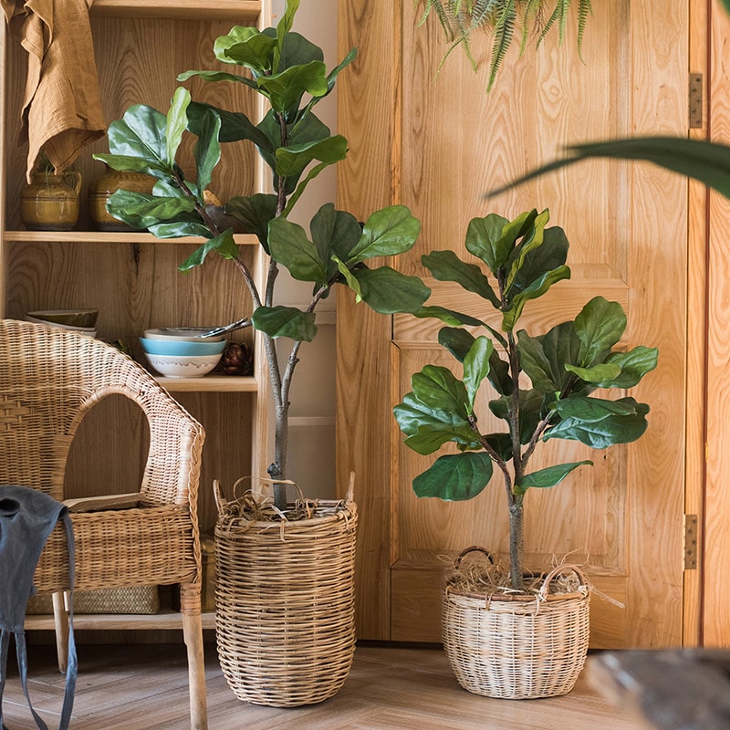 Lifelike Artificial Fiddle Leaf Tree in a black pot, showcasing large green leaves and a realistic appearance.