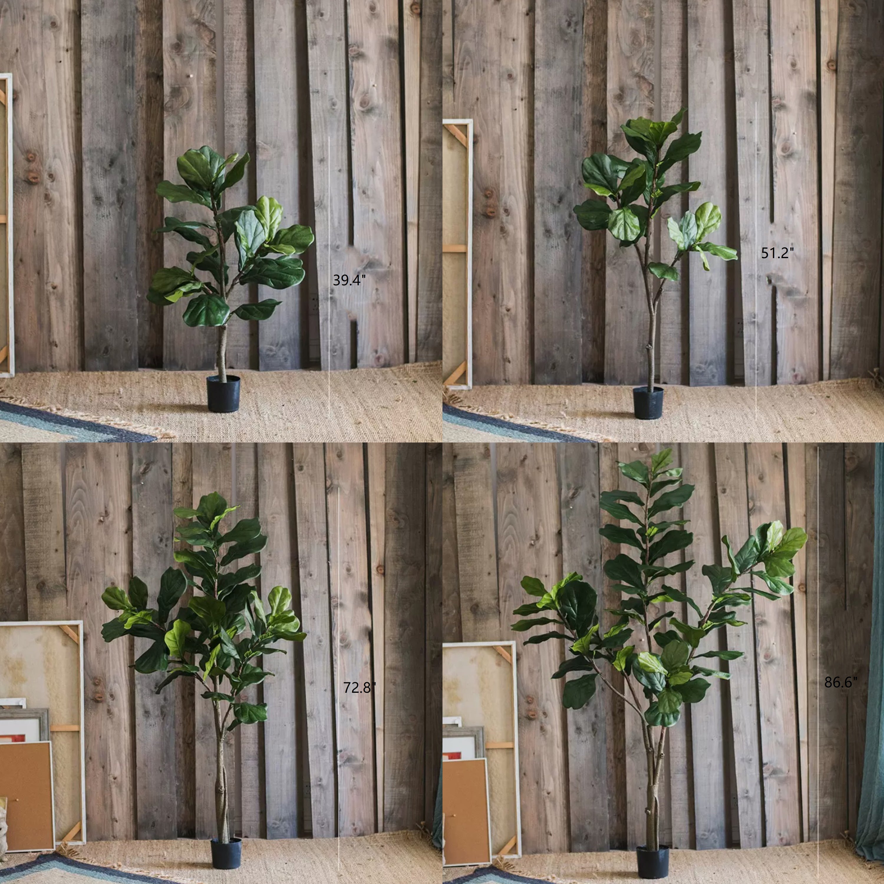 Lifelike Artificial Fiddle Leaf Tree in a black pot, showcasing large green leaves and a realistic appearance.