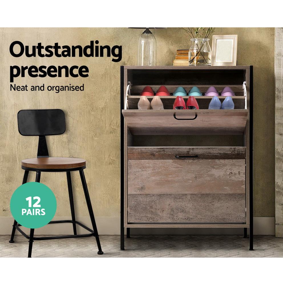 Artiss 12 Pair Wooden Vintage Shoe Rack Storage Cabinet showcasing its industrial chic design and wood grain finish.