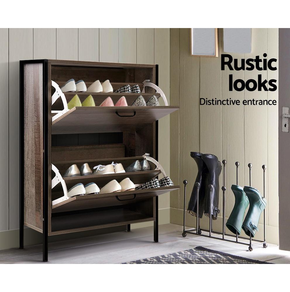 Artiss 12 Pair Wooden Vintage Shoe Rack Storage Cabinet showcasing its industrial chic design and wood grain finish.