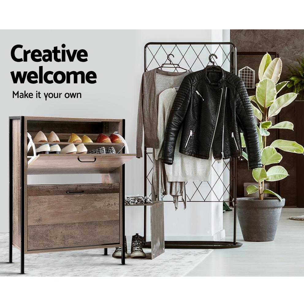 Artiss 12 Pair Wooden Vintage Shoe Rack Storage Cabinet showcasing its industrial chic design and wood grain finish.