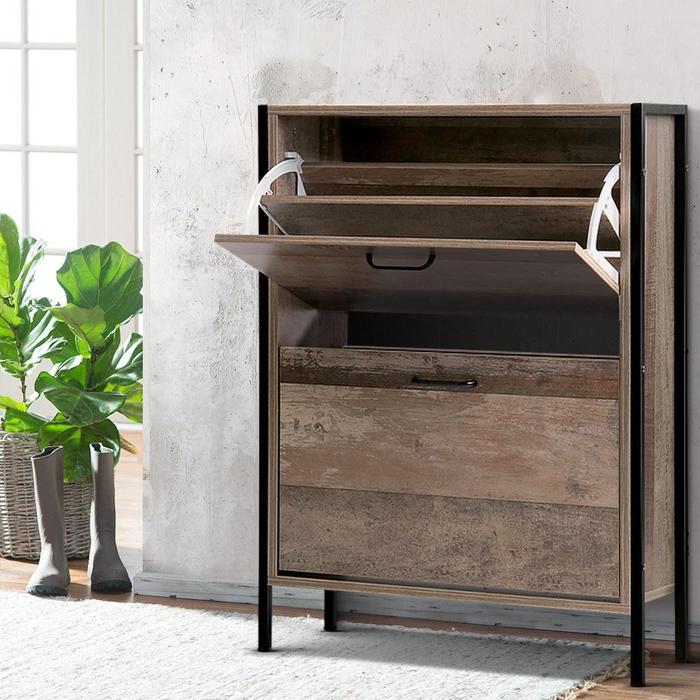 Artiss 12 Pair Wooden Vintage Shoe Rack Storage Cabinet showcasing its industrial chic design and wood grain finish.