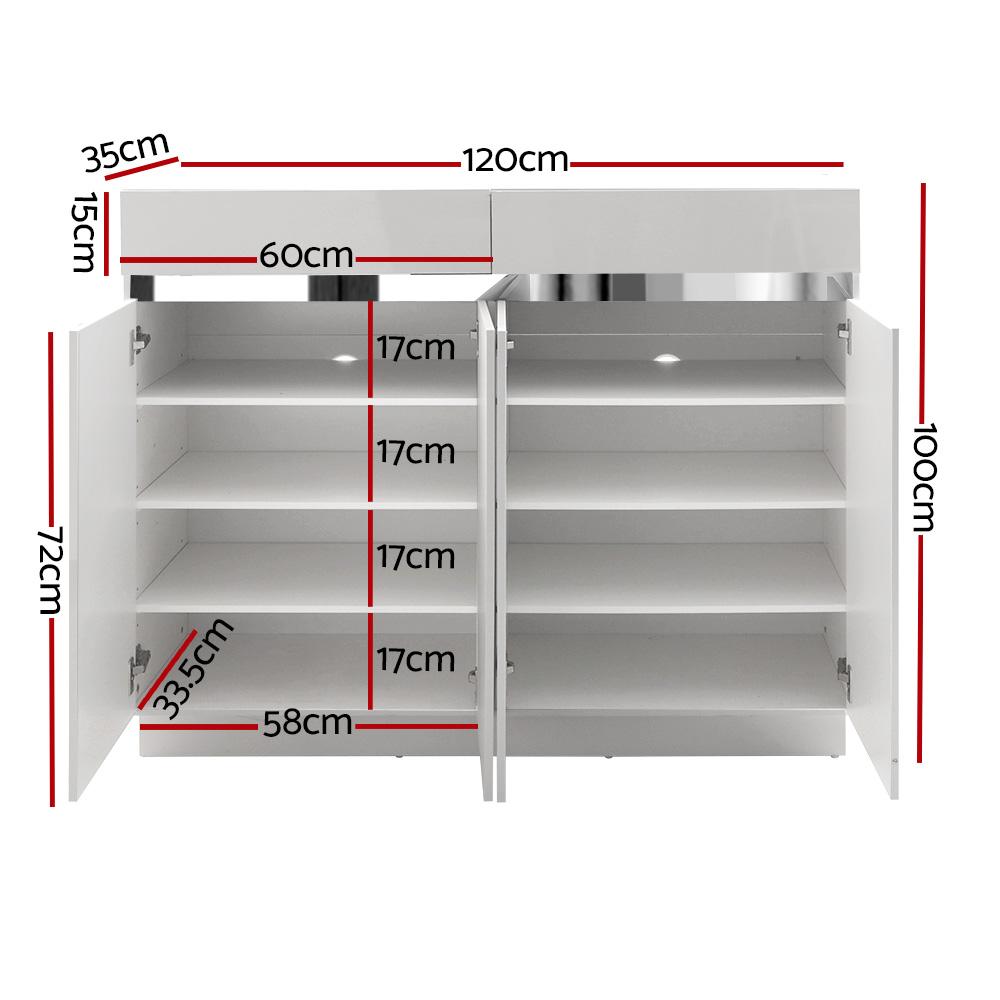 Artiss 120cm Shoe Cabinet in high gloss white, featuring adjustable shelves and two top drawers for shoe storage.