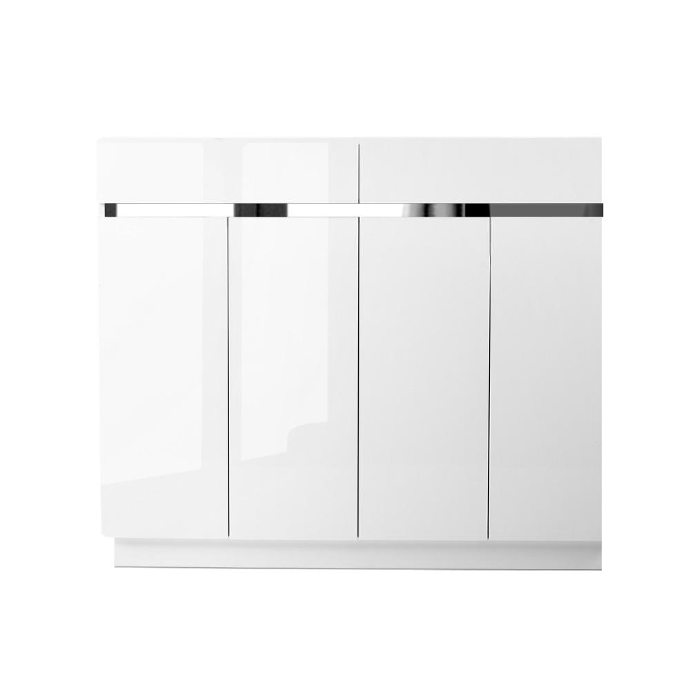 Artiss 120cm Shoe Cabinet in high gloss white, featuring adjustable shelves and two top drawers for shoe storage.