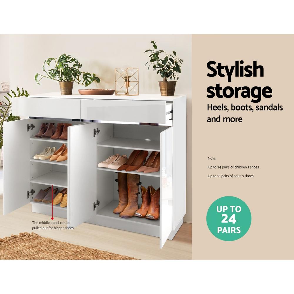 Artiss 120cm Shoe Cabinet in high gloss white, featuring adjustable shelves and two top drawers for shoe storage.