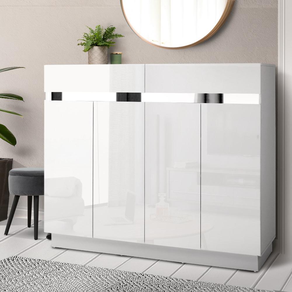 Artiss 120cm Shoe Cabinet in high gloss white, featuring adjustable shelves and two top drawers for shoe storage.