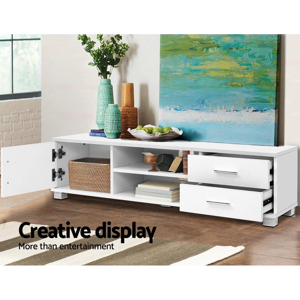 Artiss 120cm TV Stand in white with drawers and shelves, showcasing modern design and ample storage.