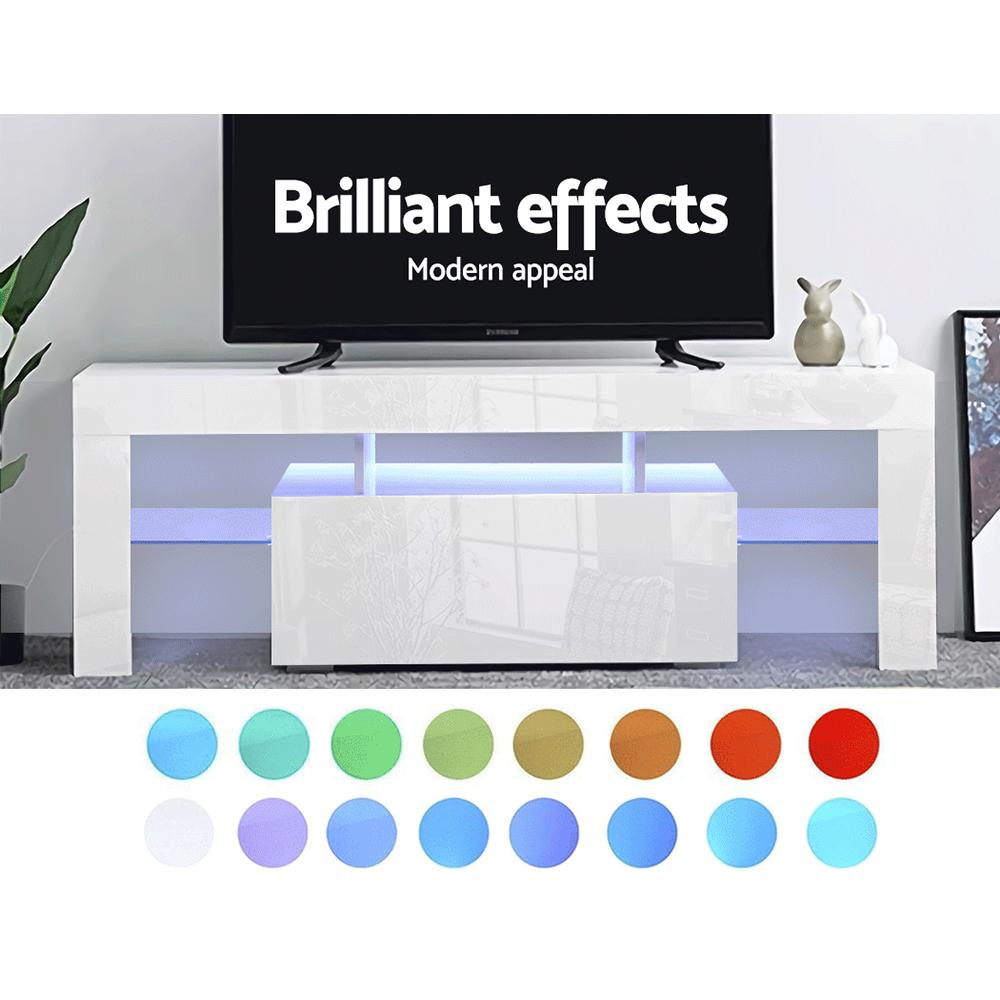 Artiss 130cm RGB LED TV Stand Cabinet in white with customizable lighting and tempered glass shelves, showcasing a modern design.