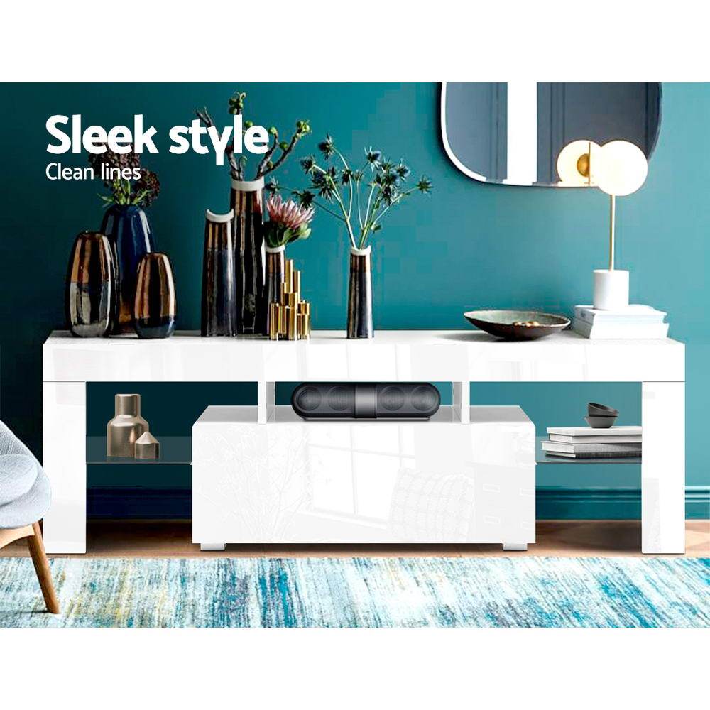 Artiss 130cm RGB LED TV Stand Cabinet in white with customizable lighting and tempered glass shelves, showcasing a modern design.