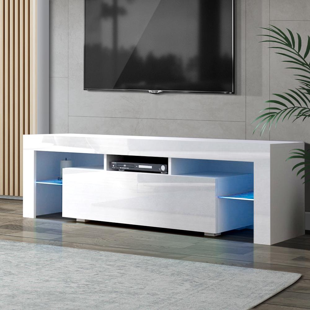 Artiss 130cm RGB LED TV Stand Cabinet in white with customizable lighting and tempered glass shelves, showcasing a modern design.