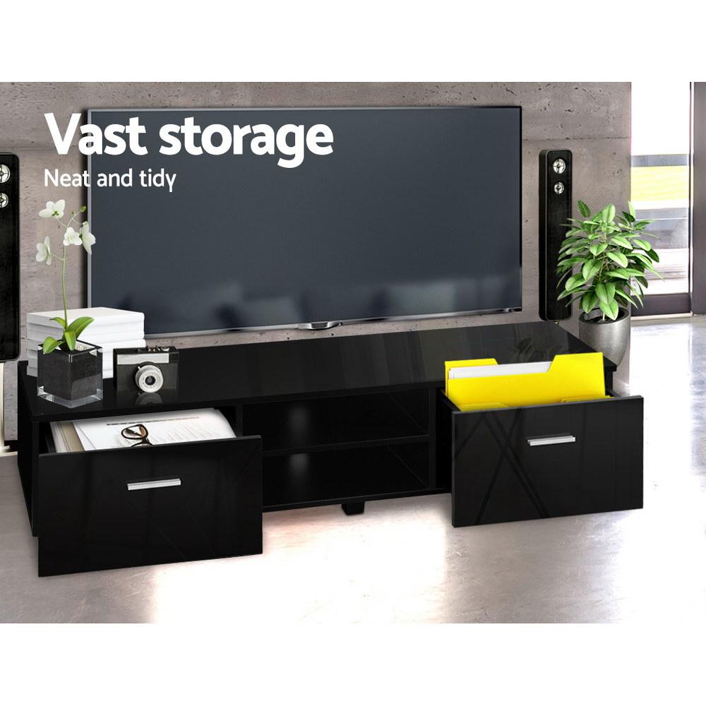 Artiss 140cm High Gloss TV Cabinet Stand in black with two drawers and open shelves, showcasing a modern design and UV high gloss finish.