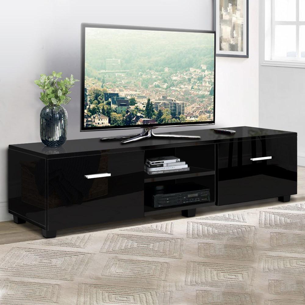 Artiss 140cm High Gloss TV Cabinet Stand in black with two drawers and open shelves, showcasing a modern design and UV high gloss finish.