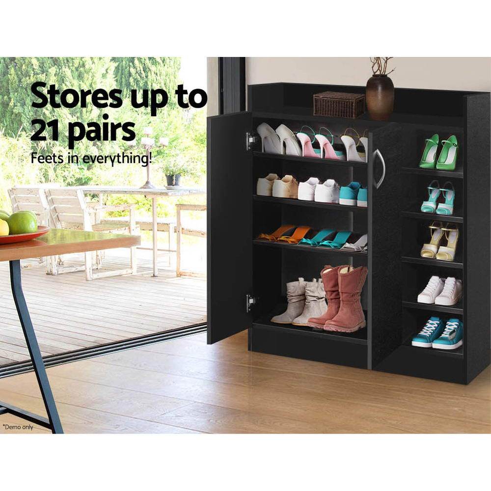 Artiss 2 Doors Shoe Cabinet in black with adjustable shelves and silver handles, designed for stylish shoe storage.