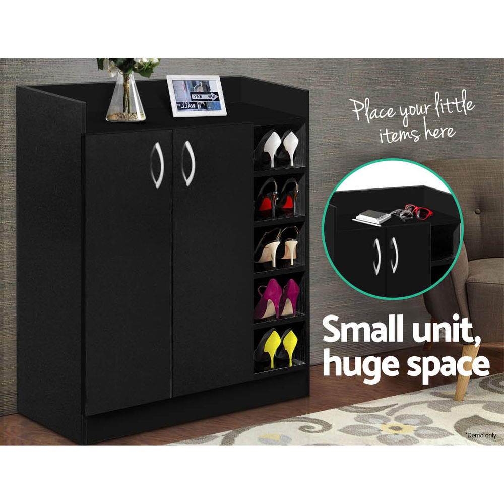 Artiss 2 Doors Shoe Cabinet in black with adjustable shelves and silver handles, designed for stylish shoe storage.