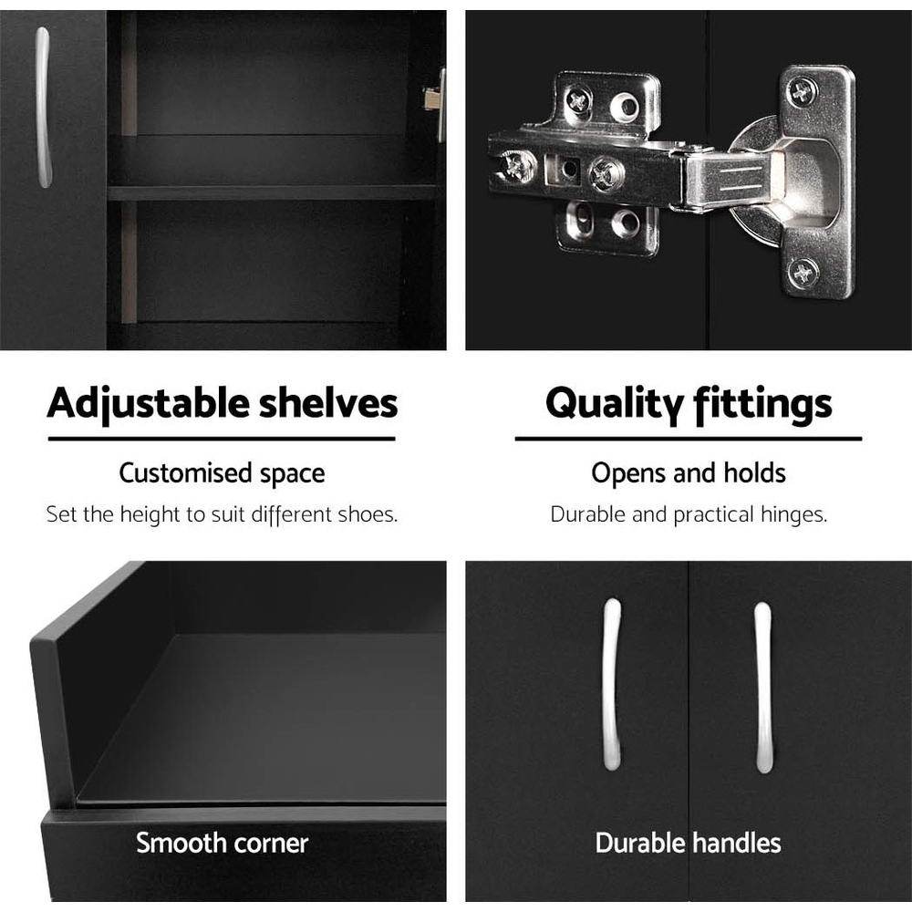 Artiss 2 Doors Shoe Cabinet in black with adjustable shelves and silver handles, designed for stylish shoe storage.