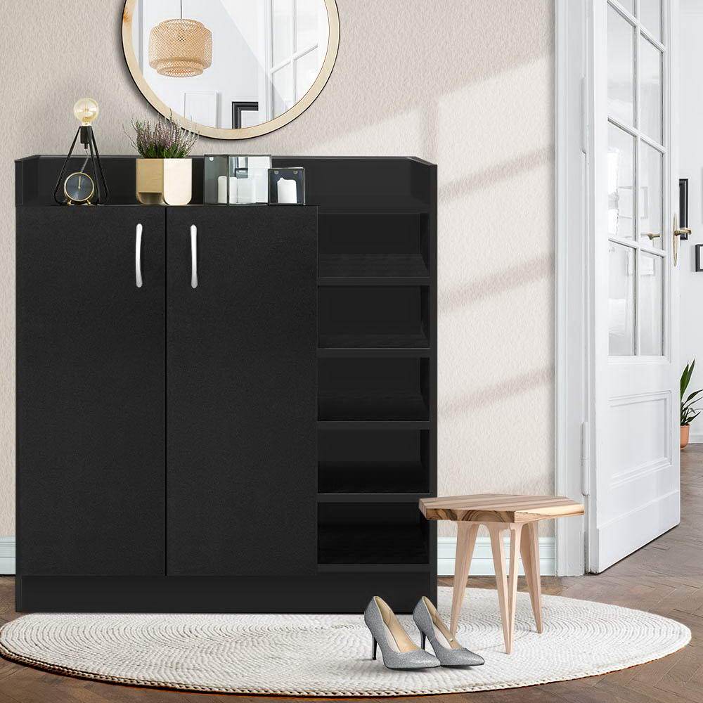 Artiss 2 Doors Shoe Cabinet in black with adjustable shelves and silver handles, designed for stylish shoe storage.