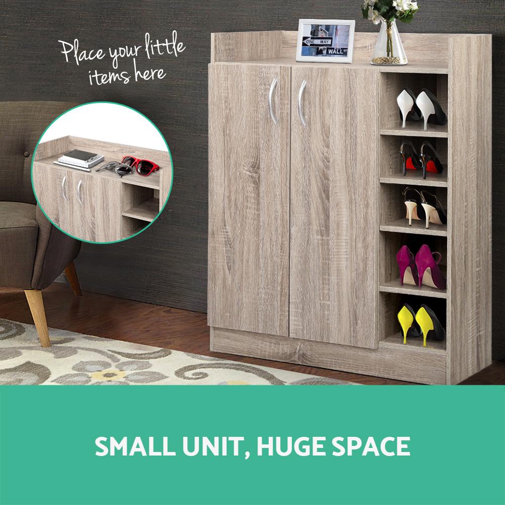 Artiss 2 Doors Shoe Cabinet in wooden finish with adjustable shelves and silver handles, designed for stylish shoe storage.