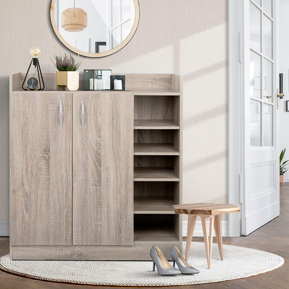 Artiss 2 Doors Shoe Cabinet in wooden finish with adjustable shelves and silver handles, designed for stylish shoe storage.