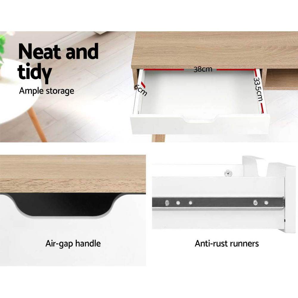 Artiss 2 Drawer Wood Computer Desk featuring Scandinavian design with two-tone colors and rubber wood legs.