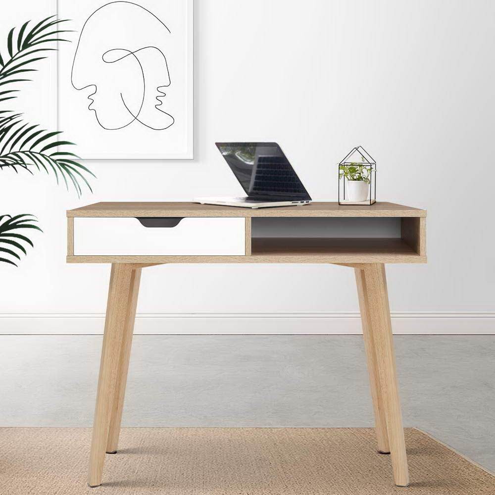 Artiss 2 Drawer Wood Computer Desk featuring Scandinavian design with two-tone colors and rubber wood legs.