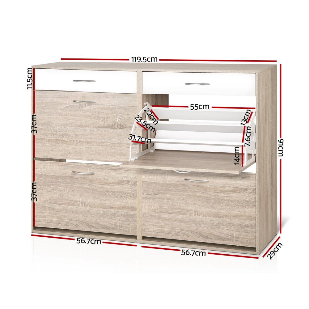 Artiss 2 Tier Shoe Cabinet in white, featuring four pull-down compartments and two top drawers for organized shoe storage.